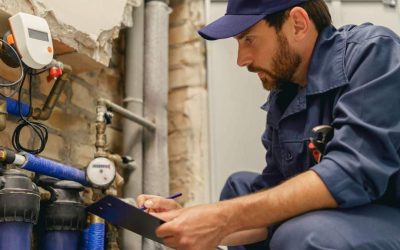 professional in blue hat looking at water heater